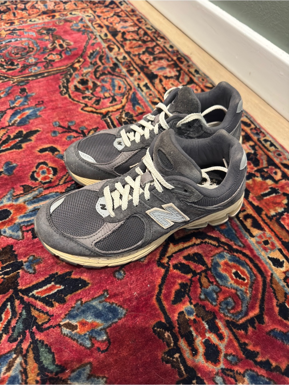 New Balance Charcoal and Cream Mesh Suede Sneakers